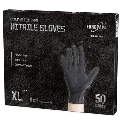 EUROPAPA® 50x extra dicke Nitrilhandschuhe DiamantGrip Diamant Perfect Grip Einweghandschuhe Montageschutzhandschuhe puderfreier latexfreier Arbeitshandschuhe (8 mil, XL, Schwarz)