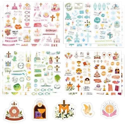 Bögen Sticker Kommunion, Taufe Konfirmation Kommunion Sticker Set, Taufaufkleber, ideal zum Kommunion, Konfirmation, Taufe - Stickerbögen für Gästebuch Fotoalbum, für Mädchen und Junge 8