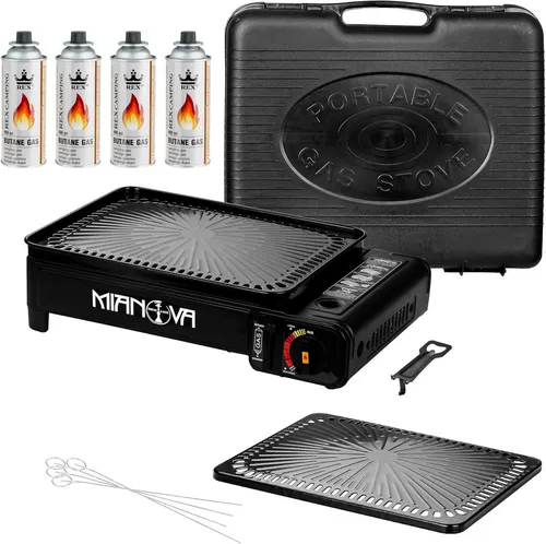 Mianova Camping-Gasgrill 2in1 Campinggrill Campingkocher Tischgrill Grillplatte 4 Gaskartuschen, Gasgrill für Camping Angeln Zelten