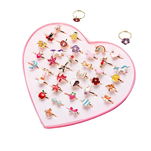 TFSYLISA 36 Stück Kinderringe Mädchen,Einstellbare Ringe Kinder mit Herzform Vitrine,Prinzessin Schmuck Set Für Kinder Geburtstag Party Favors