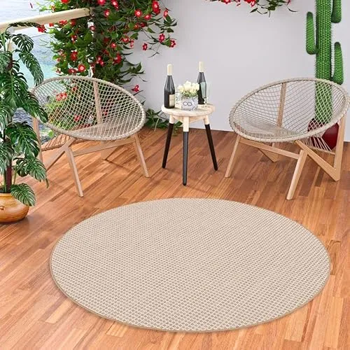 Snapstyle Kurzflor In- und Outdoor Flachgewebe Teppich Oslo Beige Creme Karo Rund in 7 Größen