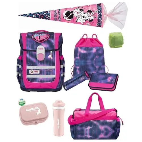 Familando McNeill Schulranzen Mädchen 1. Klasse 10-TLG. Set Ergo Complete Herz-Motiv mit Sporttasche Minnie Maus Schultüte 85cm und Regenschutz