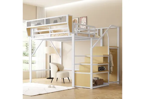 Stilvora Hochbett Weiß, 140x200 cm, Metall & Holz für Kinderzimmer - Optimale Raumnutzung für Kinderzimmer: Dieses Hochbett schafft Platz für Sofa oder Schreibtisch und sorgt mit seiner stabilen Konstruktion für sicheren Schlaf. Maße: 255 × 145 × 191 cm, max. Belastbarkeit: 150 kg.