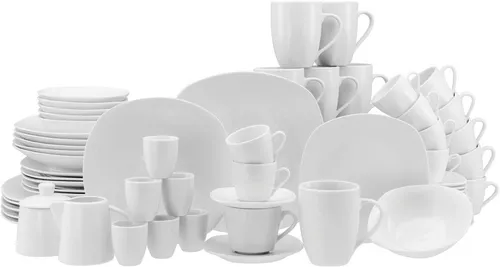 CreaTable Kombiservice Square Weiß, 62-teilig für 6 Personen - Porzellan Kombiservice, zeitloses Design, mikrowellengeeignet und spülmaschinenfest – ideal für den täglichen Gebrauch und besondere Anlässe.