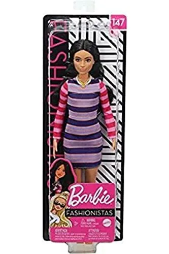 Barbie GHW61 Fashionistas Puppe 147 (brünett) mit Streifenkleid