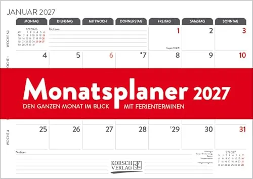 Monatsplaner 2027: 12 Monate mit Ferienterminen und Feiertagen. 29,7 x 21 cm.