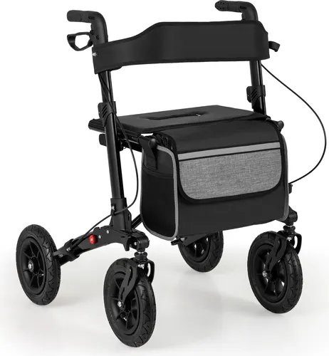 COSTWAY Rollator faltbar, 2in1 Rollstuhl & Reiserollator mit Sitz, Luftbereifung, Tasche & Stockhalter, Gehhilfe höhenverstellbar bis 140kg Schwarz