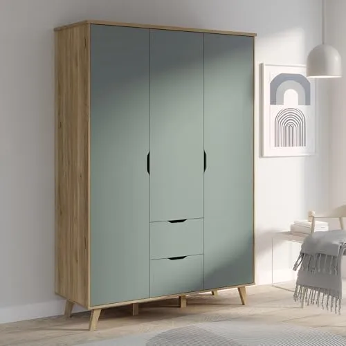 FORTE Drehtürenschrank Vankka - Stilvoller Kleiderschrank mit viel Stauraum - Drehtürenschrank mit eleganten Füßen und durchdachtem Innenraum, inklusive Einlegeböden, Kleiderstange und Schubladen. Ideal für Schlaf-, Kinder- oder Jugendzimmer.