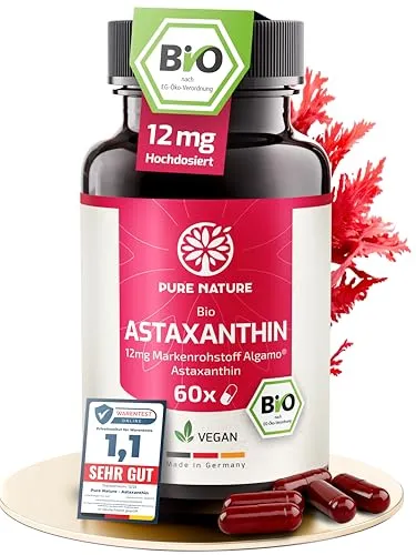 Pure Nature Astaxanthin hochdosiert mit Bio-Olivenöl - 12mg - 60 Kapseln - Hochdosiertes Astaxanthin in Kombination mit Bio-Olivenöl für optimale Bioverfügbarkeit. 100% natürliche Inhaltsstoffe, ohne unerwünschte Zusatzstoffe, hergestellt in Deutschland.