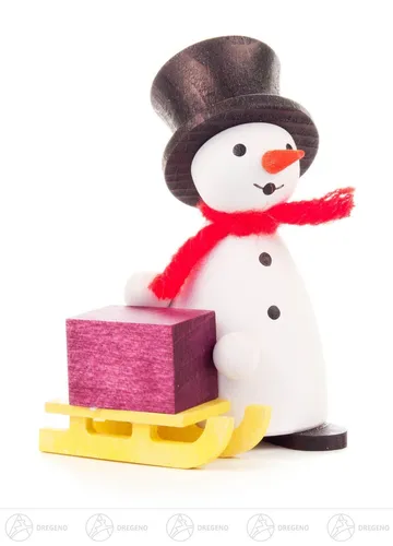 Miniatur Schneemann mit Schlitten – Weihnachtsdeko - Bunte Weihnachtsdeko aus Holz, 8 cm hoch, ideal für kreative Wintergestaltungen in Wohnzimmer, Küche oder Schlafzimmer.