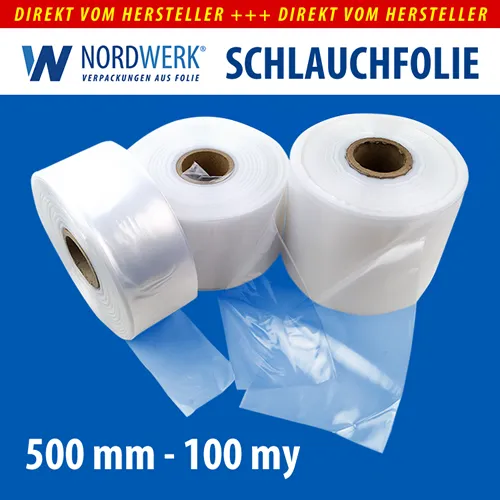 LDPE Schlauchfolie 500mm x 0,1 mm (100 my), 125 m je Rolle transparent 76er Kern