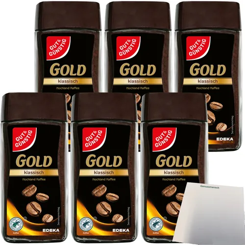 Gut&Günstig Gold löslicher Bohnenkaffee klassisch - Instantkaffee, cremiger Geschmack und einfache Zubereitung für jederzeit frisch gebrühten Kaffee.