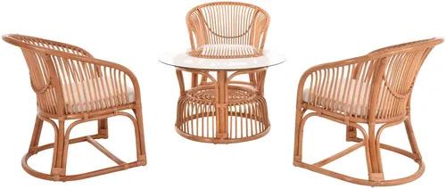 Gestäbte Rattan Sitzgarnitur Set/4 - Terracotta - Tisch- & Stuhl-Sets für Lounge und Wintergarten, mit abnehmbaren Kissen und Glasplatte, ideal für entspannte Stunden im Freien.