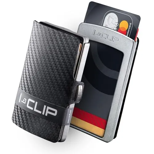 I-CLIP Original Mini Wallet mit Geldklammer - Slim Wallet - Leder Geldbörse - Portemonnaie - Kartenetui - Carbon Optik mit silbernem Rahmen