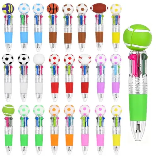 Puwixmox 24 Stück 4-in-1Kugelschreiber,Stift Mini-Fußball Kugelschreiber | 4 Farbige 0,7 mm Einziehbarer Cartoon-Muster, Kinder Kugelschreiber Büro & Studenten Schulbedarf, Mitgebsel, Gastgeschenke