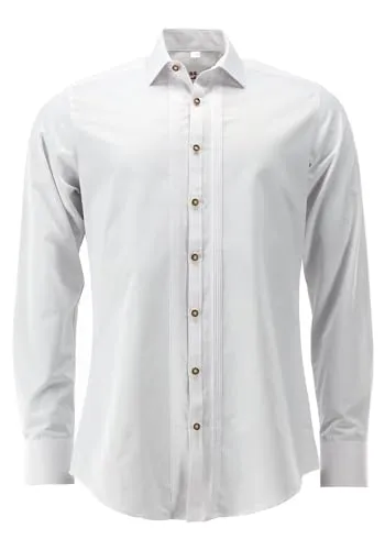 OS Trachten Herren Trachtenhemd extra lang Ategi, Größe 41/42, weiß - Elegantes Slim Fit Trachtenhemd mit Haifischkragen und extra langen Ärmeln, perfekt für festliche Anlässe und den täglichen Einsatz.