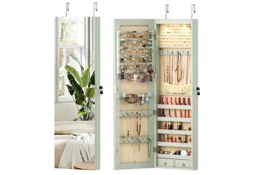COSTWAY Schmuckschrank mit LED Beleuchtung und Spiegel, 35,5x10x120cm, Grün