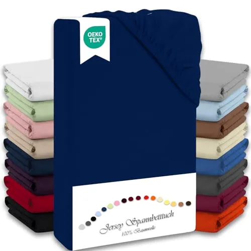 Julido Spannbettlaken 100x200 cm (Marine) - Jersey Betttuch aus 100% Baumwolle, Oeko-Tex Standard 100, hautfreundlich, atmungsaktiv & für Allergiker geeignet, Matratzenhöhe bis 30 cm