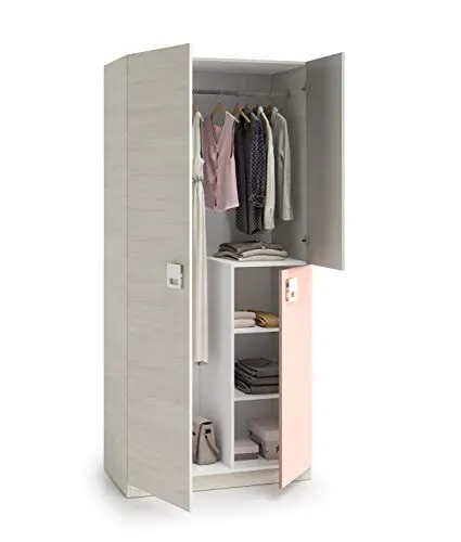 Dreitüriger Kleiderschrank mit Kleiderstange und rosa Türdetails - Kleiderschrank in Holzoptik grau mit rosa Akzenten, ideal für platzsparende Lösungen im Schlafzimmer und perfekt für das Zimmer eines kleinen Mädchens.
