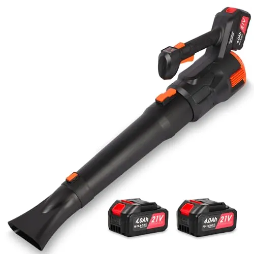 Laubbläser mit Akku und Ladegerät: 21V Akku-Laubbläser mit 4,0-Ah-Akku, 192 km/h, 2 Düsenabschnitte, 3 Variable Geschwindigkeiten, Gebläse für Garten, Staubentfernung und Schneefräsen (Schwarz)