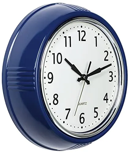 Bernhard Products Retro-Wanduhr, 24,1 cm, Marineblau, Küche, 50er-Jahre-Design, rund, leise, Nicht tickend, hochwertig, Quarz, batteriebetrieben, leicht zu lesen, dekorative Uhren für Zuhause, Büro,