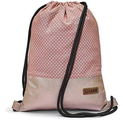 By Bers Leon großer Premium Turnbeutel mit Innentaschen Rucksack Tasche Damen Herren Teenager Gym Bag Draw String 45x34cm für Sport Reise Alltag Einkauf (Dots_Rosa_rosaPU)