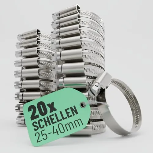 greate 20x Schlauchschellen Edelstahl 25-40 mm - Einstellbare Schlauchschelle mit 9 mm Bandbreite - Rohrschelle rostfrei - Schellen für Pool, Teich, Waschmaschine uvm - Schraubschellen Edelstahl 304