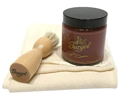 Schuhpflegeset mit Burgol - Schuhpomade Kastanie Tiegelbürste zum Auftragen und Baumwolltuchwolltuch