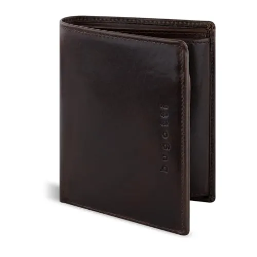 bugatti Romano Geldbörse mit RFID-Blocker, Portemonnaie aus robustem Rindleder Hochformat, Geldtasche mit Klappe für Herren, braun