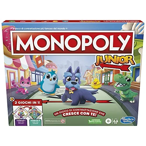 Hasbro Gaming Monopoly Junior, 2 Spiele in 1, Brettspiel mit Vorder- und Rückseite für 2-6 Spieler, Spiel für Kinder und Mädchen ab 4 Jahren