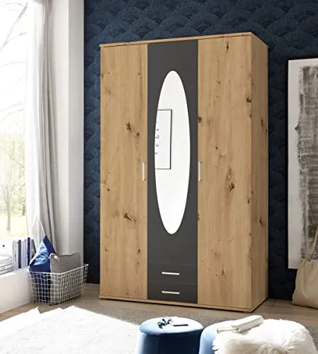 möbelando Kleiderschrank Kassel - Moderner Stauraum in Artisan Eiche/Graphit - Kleiderschränke mit ovalem Spiegel und 2 Schubladen, ideal für Ordnung und Stil in Ihrem Schlafzimmer. Leichte Montage und großzügiger Stauraum für Ihre Kleidung.