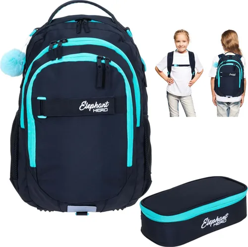 ELEPHANT Schulrucksack Hero Signature Set - 2-teiliges Set: Schulrucksack mit Laptopfach und geräumiger Mäppchen Box. Ergonomisches Tragesystem für hohen Komfort und viel Stauraum für Schule und Freizeit.