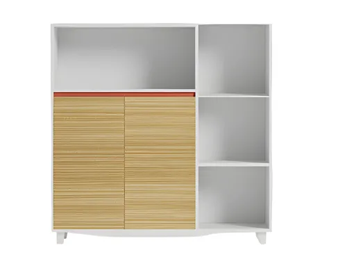Stylischer Büroschrank mit Holzregalen und rotem Akzent - Moderner Büroschrank aus Holz in Weiß, perfekte Aufbewahrungslösung für Ihr Arbeitszimmer. Maße: 120 x 40 x 120 cm, mit 2 Jahren Herstellergarantie.