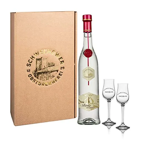 Obstbrand Birne 0,5l + 2 Obstbrandgläser (40% Vol) | Williams Birnenbrand Geschenkset mit Gläsern - Präsent | Schwechower Brennerei (1229)