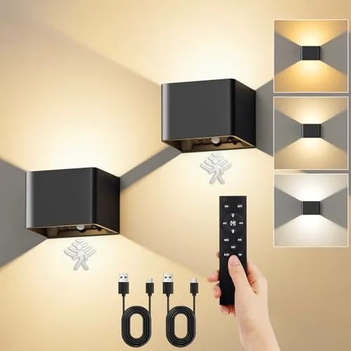 VIWAVE 2 Stück Akku Wandleuchte Innen mit Bewegungsmelder & Fernbedienung,3 Farben LED Wandleuchte Ohne Stromanschluss,Kabellose Wandlampe Innen Batterie mit Schalter,Wandlampe Akku Schwarz Dimmbar