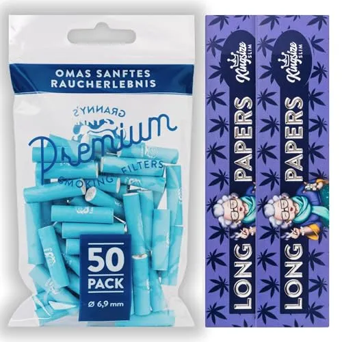 Granny's® Exclusive Slim Aktivkohlefilter 50 Stück + 2x King Size Long Papers | Ø 6,9 mm | 108 x 45 mm | Zigarettenfilter Set für Tabak | Keramikkappen | Kokosaktivkohle