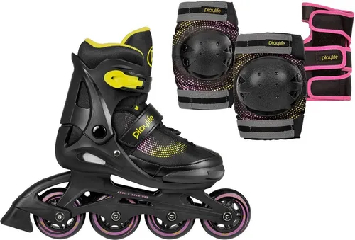 Playlife Inlineskates Joker mit Schutzset - Inliner für Einsteiger mit größenverstellbaren Softboots und Schutzset (Knie-, Ellenbogen-, Handgelenkschützer) in gelb-schwarz, ideal für Kinder ab 5 Jahren.
