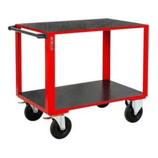 STIER Montagewagen mit 2 gummibeschichteten Ladeflächen - Rollwagen mit ergonomischer Arbeitshöhe und rutschfesten Ladeflächen. Robuste Stahlblechkonstruktion für hohe Stabilität und Langlebigkeit.