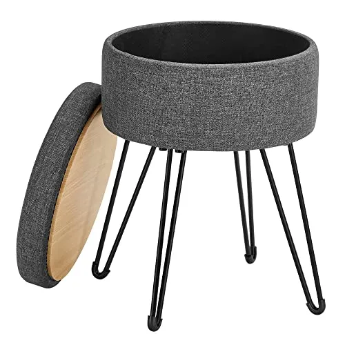 SONGMICS Runder Sitzhocker, mit Stauraum, Leinenoptik, 31 cm d, 43 cm H