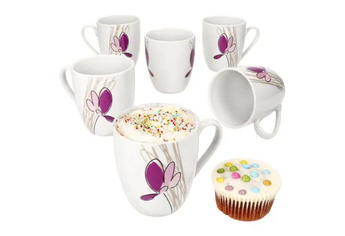 MamboCat Becher 6er Set Viola Kaffeebecher 350ml Porzellan-Tassen 6 Personen Blumen, Porzellan