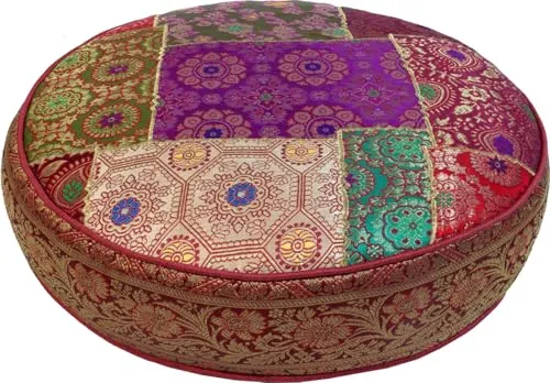 GURU SHOP Orientalisches Rundes Patchwork Kissen 40 cm - Rot/bunt - Hochwertiges, rundes Patchworkkissen aus Brokatstoff mit einzigartigen Mustern. Die Baumwollfüllung sorgt für Komfort. Mit praktischem Reißverschluss zur einfachen Reinigung. Ideal für stilvolle Akzente im Wohnraum.
