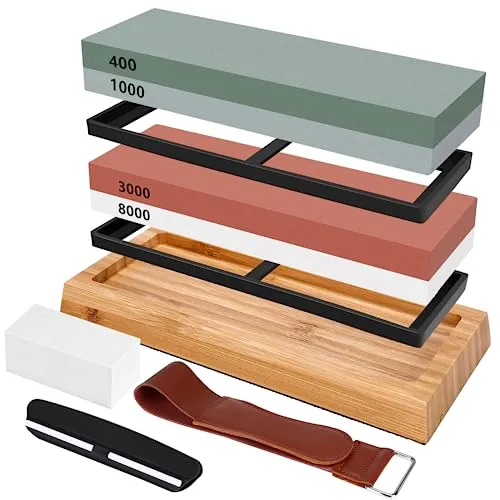 Schleifstein Set für Messer,Professional Schleifstein Set,400/1000 3000/8000 Doppelseitiger Abziehsteine,Mit Bambusbasis,Korrekturstein,Werkzeughalter,Lederstreifen