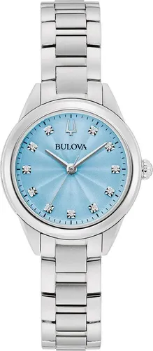 Bulova 96P250 Armbanduhr für Damen - Elegante Quarz-Armbanduhr mit silbernem Edelstahlarmband und blauem Zifferblatt, ideal für jeden Anlass und bis 30 m wasserdicht.
