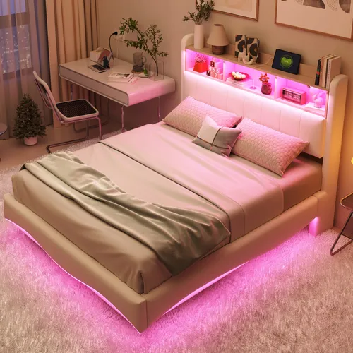 okwish Polsterbett 140*200 Kinderbett multifunktionales Stauraumbett mit LED-Licht, USB- und TYPE-C-Schnittstelle,Abgehängtes Design,ohne Matratze,Beige