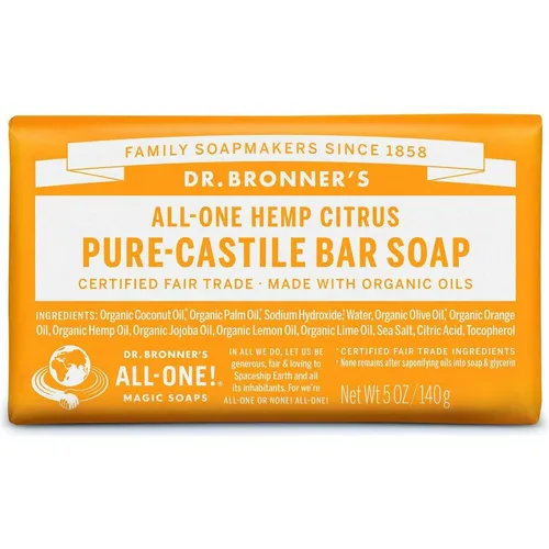 Dr Bronners Blokzeep Citrus-Orange, 140 g - Naturseife mit frischem Zitrusduft, ideal für Gesicht, Körper und Haar. Enthält organische Öle, ist vegan und tierversuchsfrei. Verpackt in 100% recyceltem Material für eine umweltfreundliche Wahl.