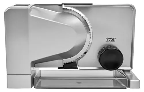 Ritter Serano 5 Elektrischer Allesschneider - Allesschneider aus Vollmetall, Made in Germany, mit Wellenschliffmesser für stufenloses Schneiden von hauchdünn bis 23 mm – ideal für Ihre Küchenbedürfnisse.