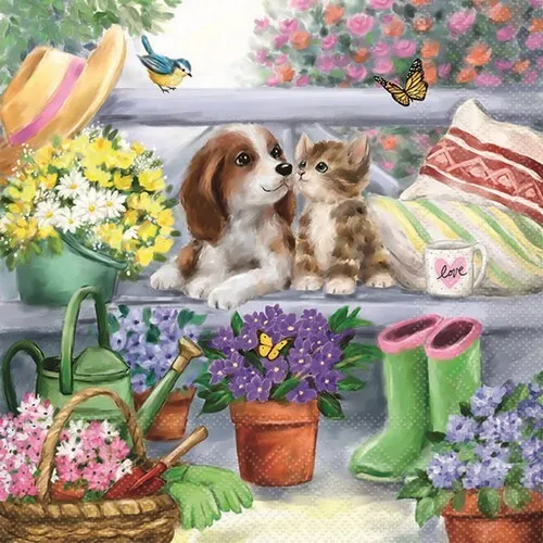 Servietten Bench Friends Tierfreunde Hund Katze Blumen Strohhut Deko 33x33cm 20