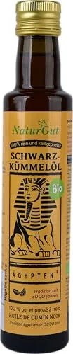 NaturGut Original Ägyptisches Bio-Schwarzkümmelöl 250 ml – 100% Nigella Sativa, kaltgepresst in Deutschland, Intensiv würziger Geschmack, „Orientalisches Gold der Natur“