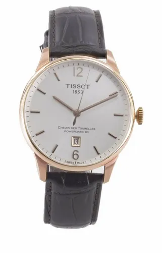 Tissot Herren Automatik Uhr Chemin des Tourelles Powermatic 80 T099407 (Rosegold) - Elegante Herrenautomatik mit rosegoldenem Design, kratzfestem Saphirglas und robustem Lederarmband. Ideal für stilbewusste Träger, die Qualität und Funktionalität schätzen.