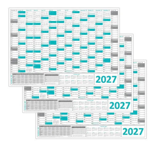 3x Türkis Wandkalender DIN A1 2027 gerollt Wandplaner inkl. Ferien & Feiertage